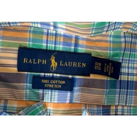 RALPH LAUREN Button Down Plaid Shirt Orange Blue Stretch Fit Long Sleeve Sz 1XB - Picture 4 of 5